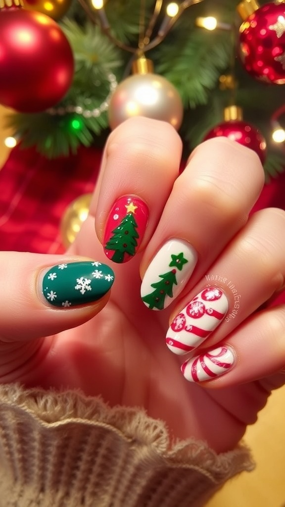 Christmas nail art designs with snowflakes, trees, and candy canes on colorful nails.